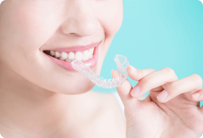 プラスチックの歯型の模型を持つ女性